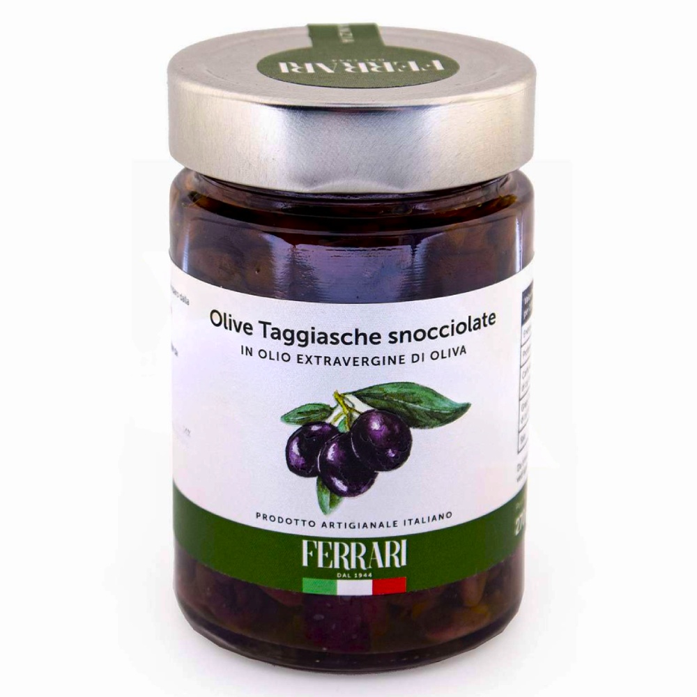 Оливки Taggiasca без косточек в оливковом масле Extra Virgin Ferrari Италия, 270 гр оливки taggiasca с косточками в рассоле ferrari италия, 280 гр - azienda ferrari 82
