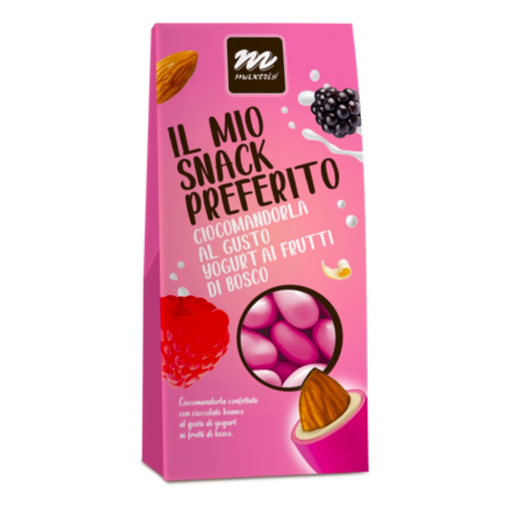 Миндаль обжаренный в белом шоколаде с йогуртом и ягодами Il Mio Snack Preferito Maxtris, 150г миндаль в белом и темном шоколаде черно-белое maxtris, 1 кг - confetti maxtris 91