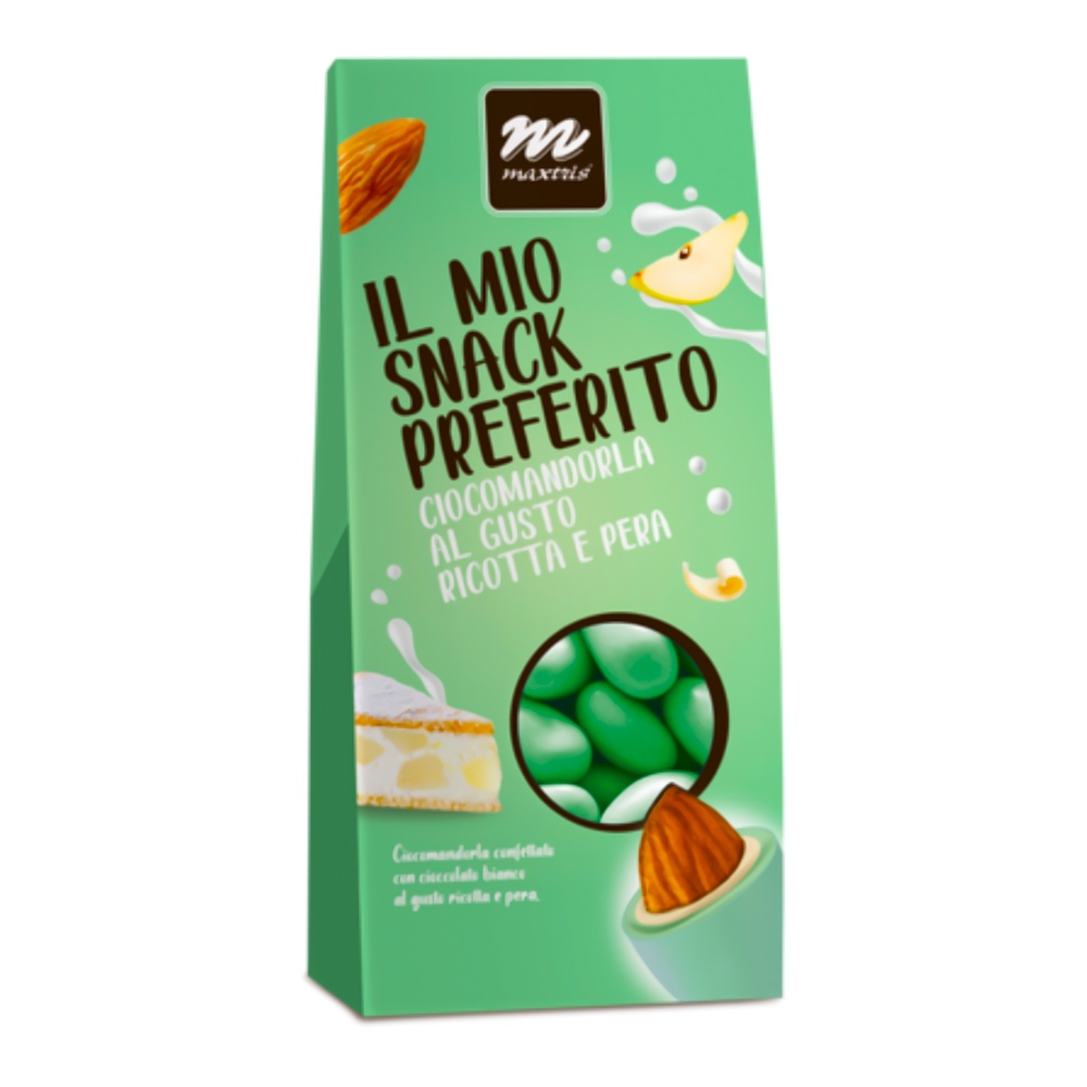 Миндаль обжаренный в белом шоколаде с рикоттой и грушой Il Mio Snack Preferito Maxtris, 150г миндаль в белом и темном шоколаде черно-белое maxtris, 1 кг - confetti maxtris 92