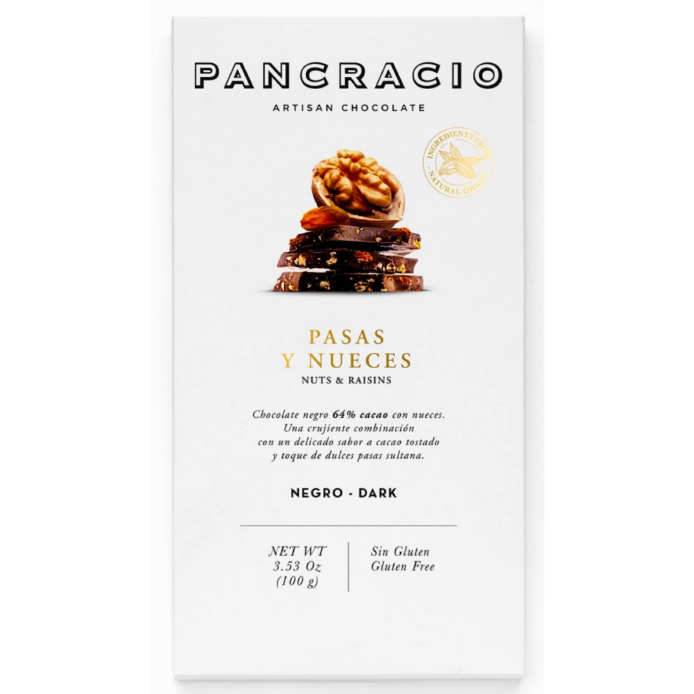 Темный шоколад без глютена 64% с грецким орехом и изюмом Pancracio, 100г темный шоколад без глютена 64% с лимоном, лаймом и ароматом мяты pancracio, 100г - pancracio 82