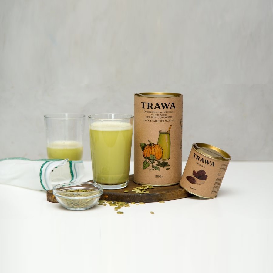 Тыквенная мука TRAWA из обезжиренной и дробленой тыквенной семечки для приготовления растительного молока, 500 гр