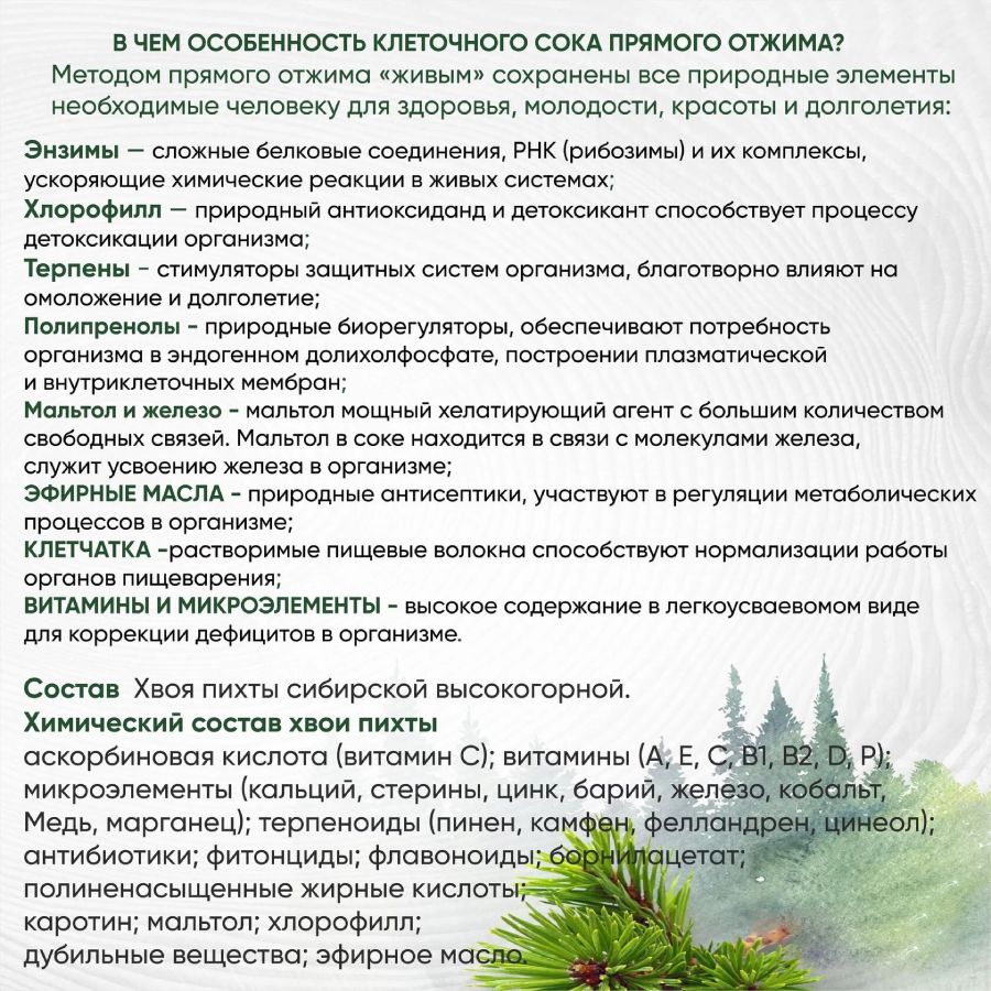 Живой Клеточный сок Энергия Алтая (пихта, кедр, сосна) органикМИРЪ, 100 мл