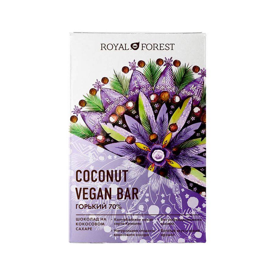 Горький шоколад Royal Forest веганский, 70% Vegan Coconut Bar, 50 гр