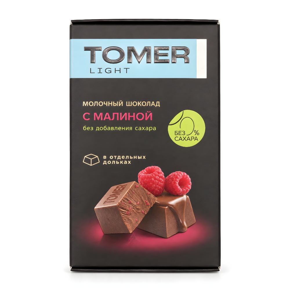 Молочный шоколад 33% с малиной без сахара порционный Томер Light, 90г Молочный шоколад 33% с малиной без сахара порционный Томер Light, 90г
