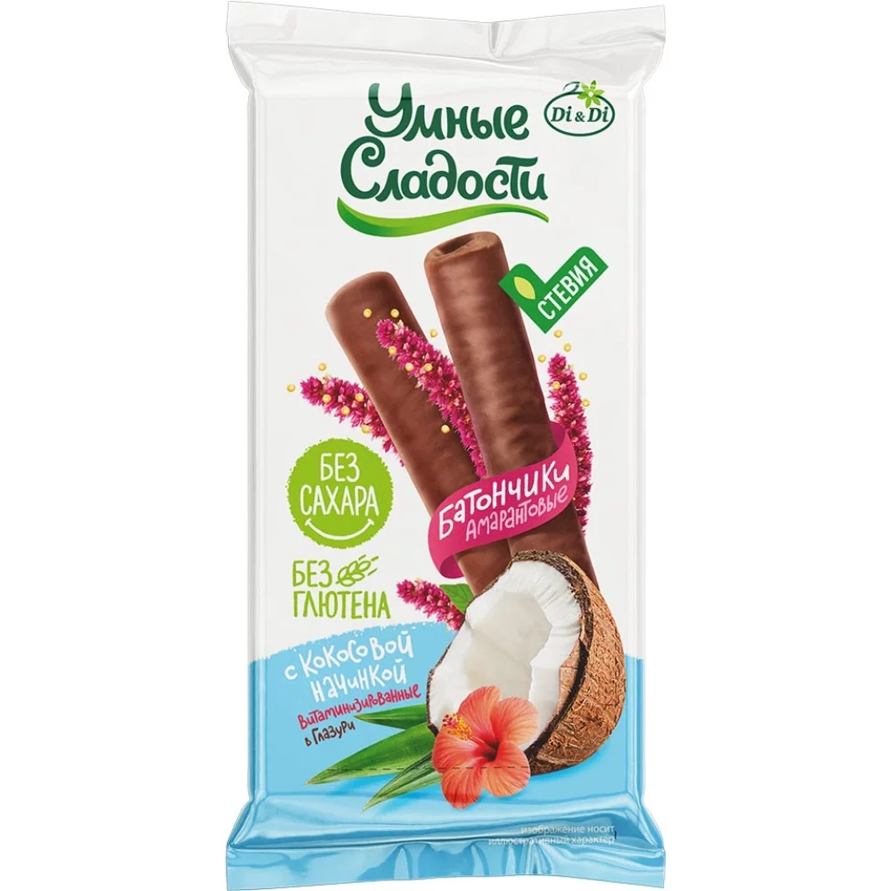 Батончики Умные сладости без сахара и глютена с кокосовой начинкой Ди энд Ди, 20г батончики умные сладости без сахара и глютена с какао и сливочной начинкой ди энд ди, 90г - di&di 77
