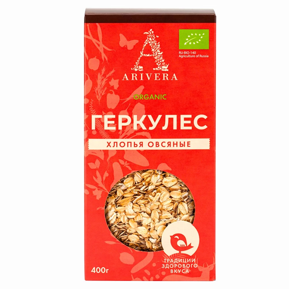 Овсяные хлопья Аривера Геркулес Органик, 400г гречка аривера ядрица в варочных пакетах без глютена органик, 500г - аривера 83